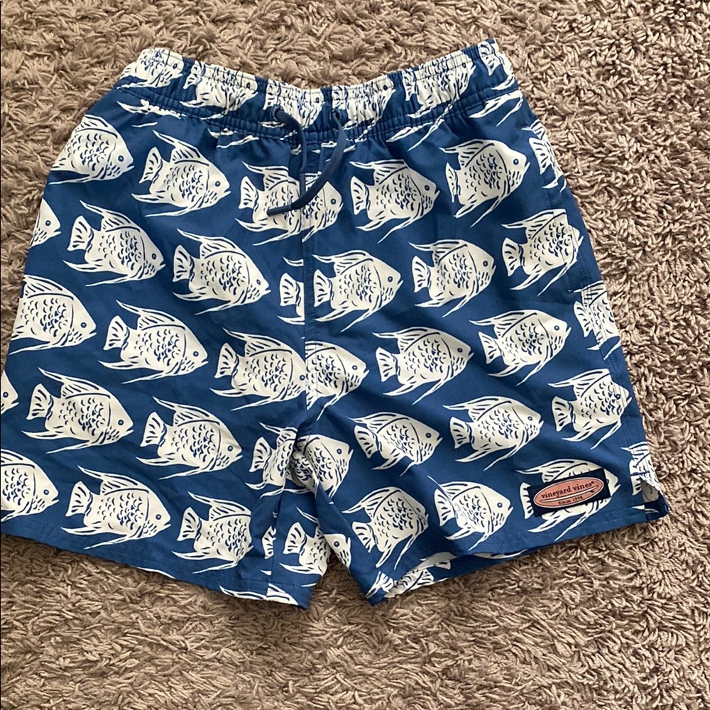 Vineyard Vines Blue Fish Print Kids Swim Trunks